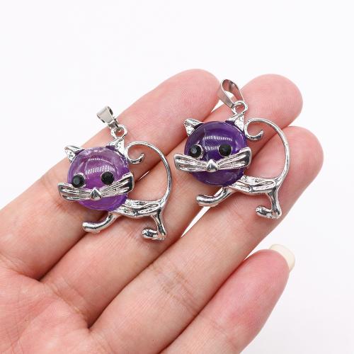 Gemstone Zinc Alloy Pendants, Natural Stone, with Zinc Alloy, Cat, silver color plated, DIY 