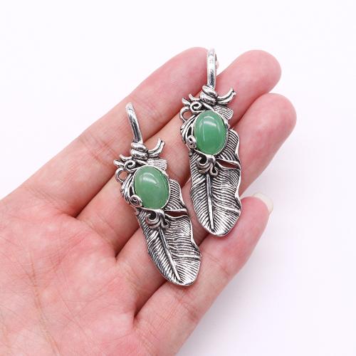 Gemstone Zinc Alloy Pendants, Natural Stone, with Zinc Alloy, Feather, silver color plated, DIY 