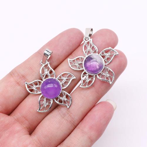 Gemstone Zinc Alloy Pendants, Natural Stone, with Zinc Alloy, Flower, silver color plated, DIY 