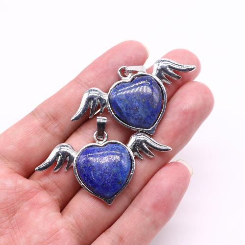 Gemstone Zinc Alloy Pendants, Natural Stone, with Zinc Alloy, Angel Wing, silver color plated, DIY 