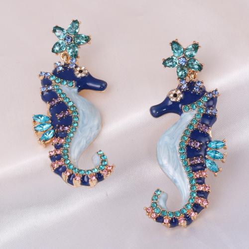 Zinc Alloy Rhinestone Drop Earring, Seahorse, gold color plated, for woman & enamel & with rhinestone 