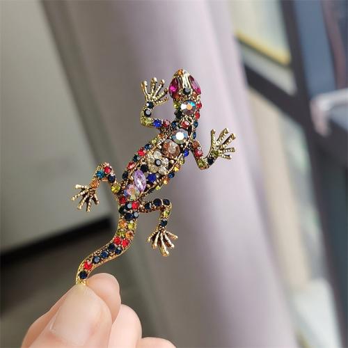 Zinc Alloy Jewelry Brooch, Gecko, gold color plated, for woman & with rhinestone, multi-colored [