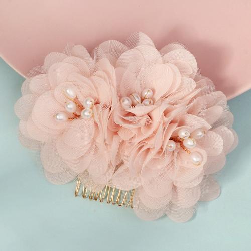 Decorative Hair Combs, Zinc Alloy, with Gauze & Plastic Pearl, Flower, plated, for bridal, pink 
