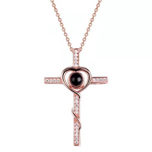 925 Sterling Silver Miniature Projection Necklace, plated, micro pave cubic zirconia & for woman Approx 41-50 cm 