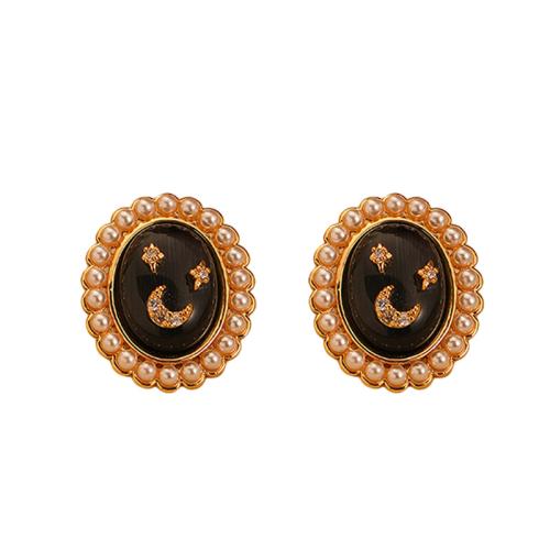 Brass Stud Earring, with Natural Stone & Plastic Pearl, Oval, gold color plated, fashion jewelry & for woman & with rhinestone 