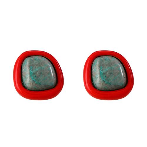 Brass Stud Earring, with Natural Stone, Geometrical Pattern, fashion jewelry & for woman, 13mm 