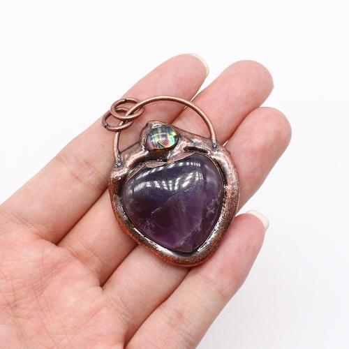 Gemstone Zinc Alloy Pendants, with Natural Stone & Abalone Shell, Heart, antique copper color plated, DIY 