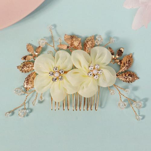 Decorative Hair Combs, Zinc Alloy, with Gauze, Flower, plated, for bridal & with rhinestone, gold 