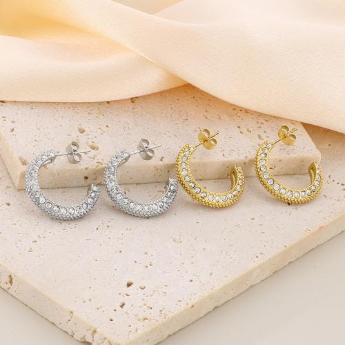 Stainless Steel Hoop Earring, 304 Stainless Steel, Vacuum Ion Plating, for woman & with rhinestone 