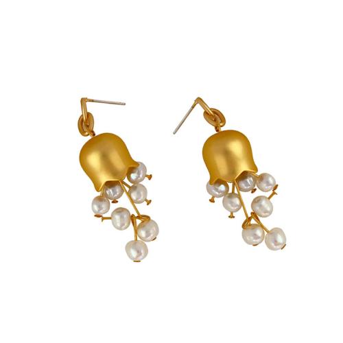 Brass Drop Earring, with Freshwater Pearl, Flower, gold color plated & for woman, earring length 20-75mm 