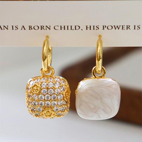 Brass Huggie Hoop Drop Earring, Square, gold color plated, micro pave cubic zirconia & for woman & enamel 