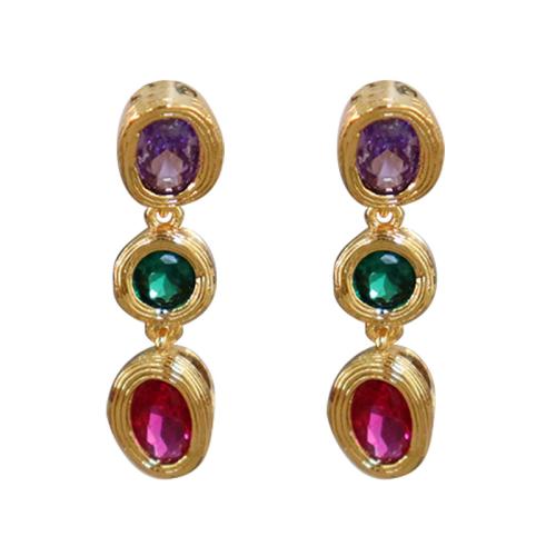 Brass Drop Earring, Geometrical Pattern, gold color plated, micro pave cubic zirconia & for woman 