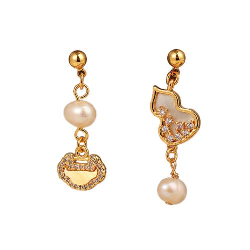 Brass Asymmetric Earrings, with Freshwater Pearl, Geometrical Pattern, gold color plated, micro pave cubic zirconia & for woman, earring size  
