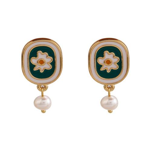 Brass Drop Earring, with Freshwater Pearl, Geometrical Pattern, gold color plated, with flower pattern & for woman & enamel 