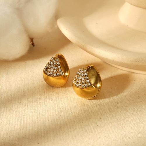 Stainless Steel Hoop Earring, 304 Stainless Steel, Teardrop, gold color plated, for woman & with rhinestone 