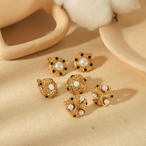 Stainless Steel Rhinestone Stud Earring, 304 Stainless Steel, with Plastic Pearl, gold color plated & for woman & with rhinestone 