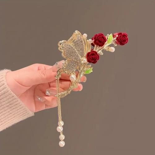 Hair Claw Clips, Zinc Alloy, with Plastic Pearl, plated, fashion jewelry & enamel & with rhinestone, golden 