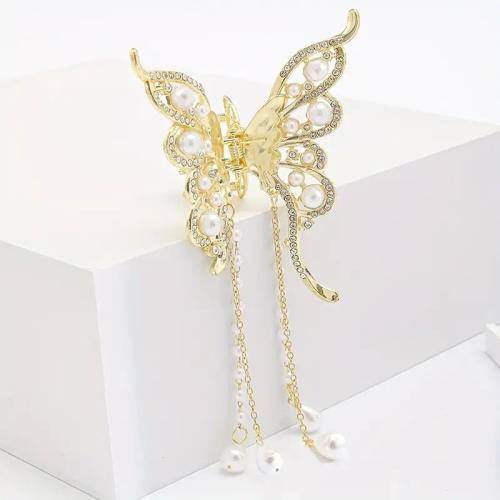 Hair Claw Clips, Zinc Alloy, with Plastic Pearl, Butterfly, plated, fashion jewelry & with rhinestone, golden 