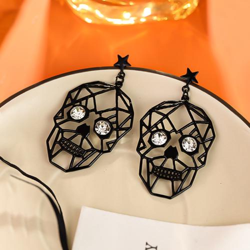 Zinc Alloy Drop Earring, Skull, plated, for woman & with rhinestone & hollow, black 