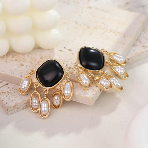 Zinc Alloy Drop Earring, with Plastic Pearl, Square, gold color plated, for woman & enamel 