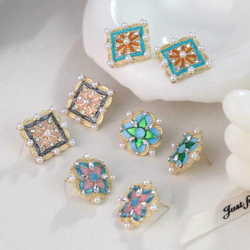 Zinc Alloy Stud Earring, with Plastic Pearl, Geometrical Pattern, gold color plated, for woman & enamel 
