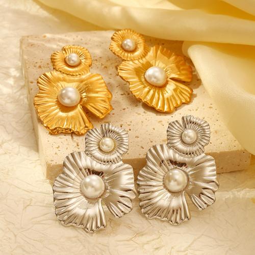 Stainless Steel Drop Earring, 304 Stainless Steel, with Plastic Pearl, Flower, plated, for woman 