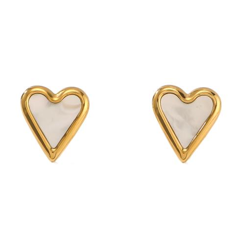 White Shell Earrings, 304 Stainless Steel, with White Shell, Heart, gold color plated, fashion jewelry, golden 