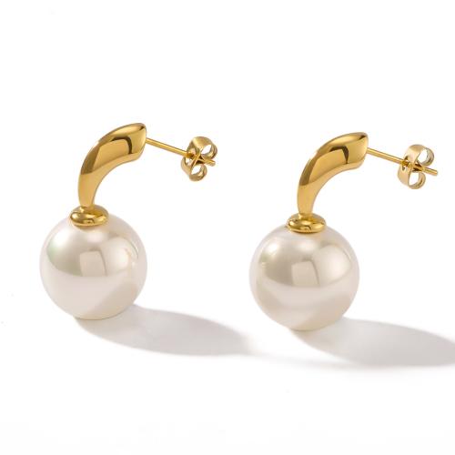 Stainless Steel Stud Earring, 304 Stainless Steel, with Plastic Pearl, gold color plated, fashion jewelry, golden 