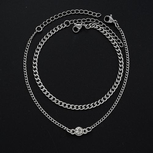 Stainless Steel Chain Bracelets, 304 Stainless Steel, 2 pieces & fashion jewelry & Unisex & with rhinestone, original color 