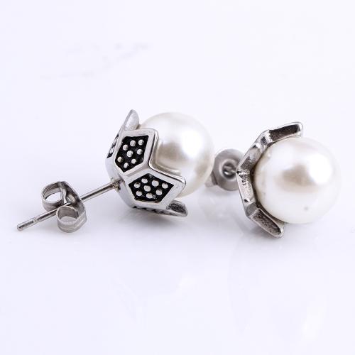 Titanium Steel Earrings, with Plastic Pearl, vintage & for woman, white 