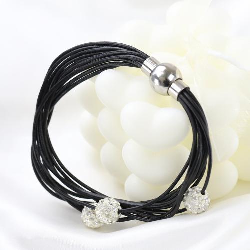 PU Leather Cord Bracelets, Titanium Steel, with leather cord, micro pave cubic zirconia & for woman, black [