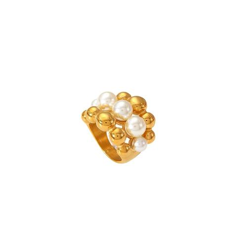 Titanium Steel Finger Ring, with Plastic Pearl, 18K gold plated, fashion jewelry & for woman, golden 
