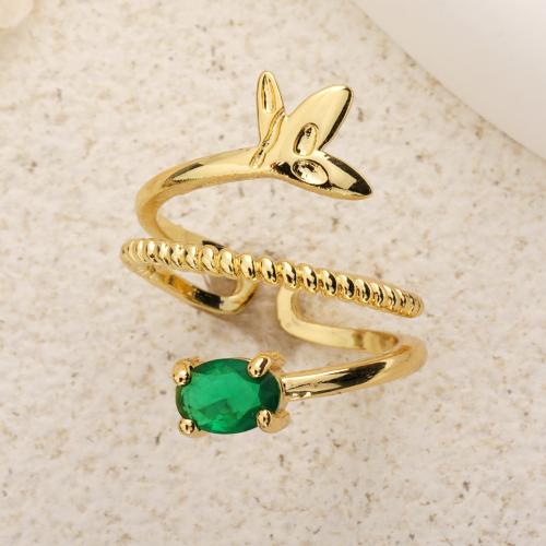 Cubic Zircon Brass Finger Ring, gold color plated, Adjustable & micro pave cubic zirconia & for woman, green, inner ~20mm 
