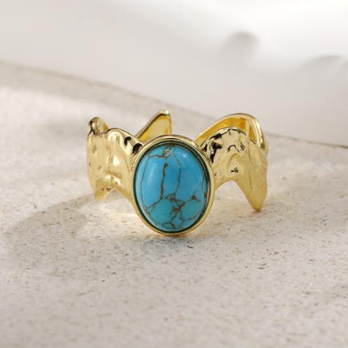 Gemstone Brass Finger Ring, with turquoise, gold color plated, Adjustable & for woman 