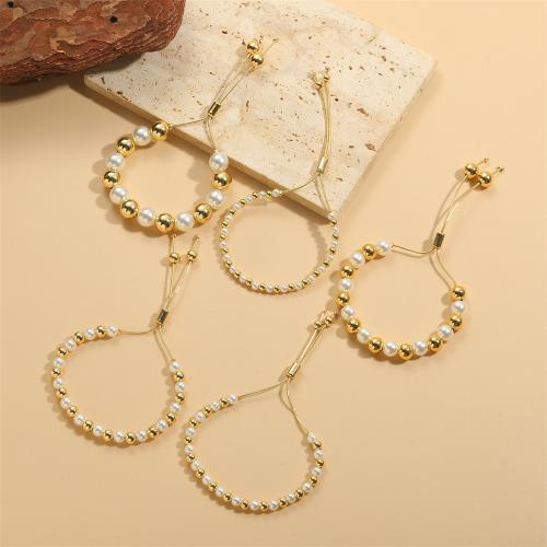 Brass Bracelets, with Plastic Pearl, gold color plated, Adjustable & for woman 