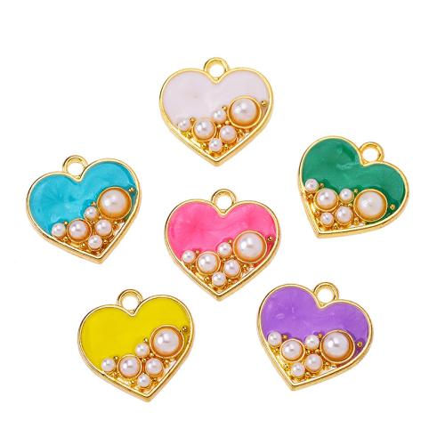 Zinc Alloy Enamel Pendants, with Plastic Pearl, Heart, gold color plated, DIY 