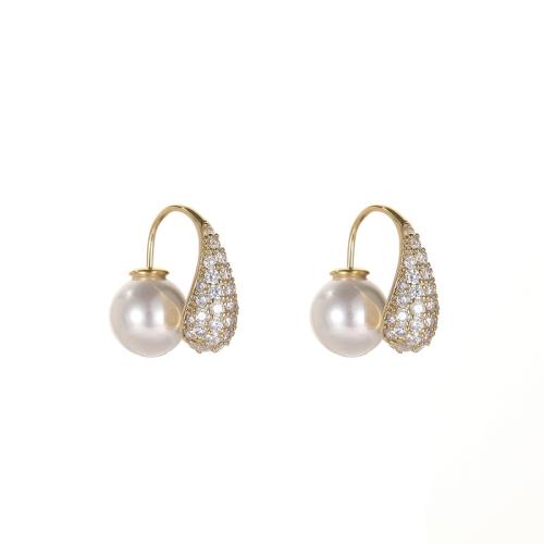 Rhinestone Brass Stud Earring, with Plastic Pearl, fashion jewelry & for woman & with rhinestone, golden, 20mm 