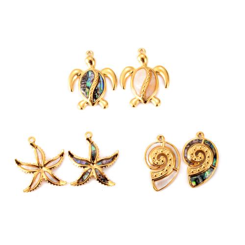 Stainless Steel Animal Pendants, 304 Stainless Steel, with Shell & Abalone Shell, gold color plated, DIY [