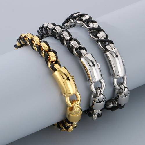 Stainless Steel Chain Bracelets, 304 Stainless Steel, with leather cord, Vacuum Ion Plating & for man 