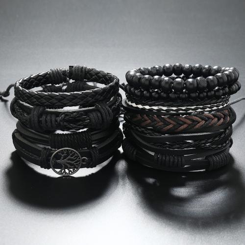 PU Leather Bracelet Set, with Cowhide & Wood & Zinc Alloy, Tree, handmade, multilayer & punk style & Unisex 