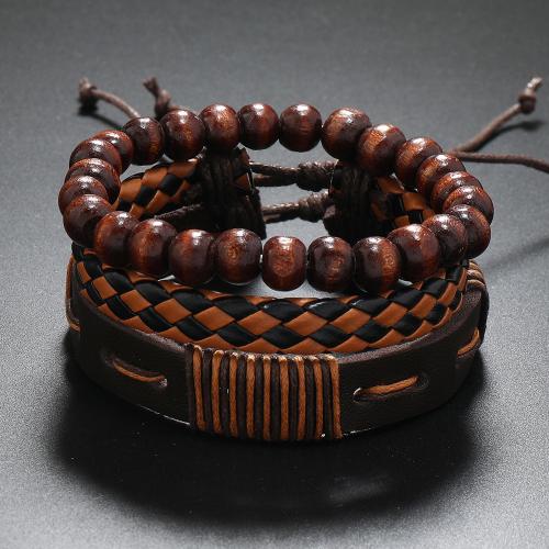 PU Leather Bracelet Set, with Leather & Wood & Zinc Alloy, handmade, vintage & multilayer & Unisex Approx 7-11 Inch 