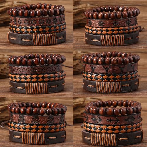 PU Leather Bracelet Set, with Wax Cord & Wood, handmade, vintage & multilayer & Unisex 