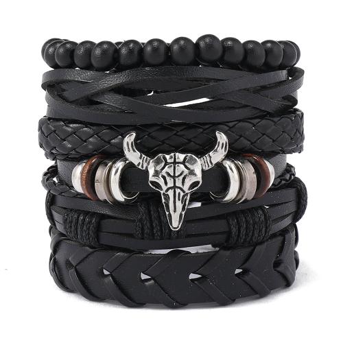 PU Leather Bracelet Set, with Wax Cord & Wood & Zinc Alloy, handmade, multilayer & for man 