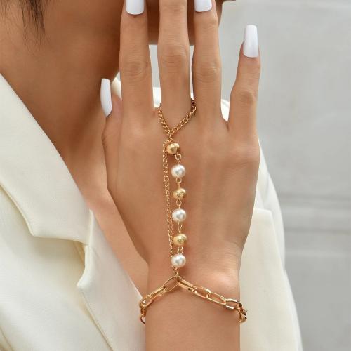 Gothic Bracelet Ring, Zinc Alloy, with Plastic Pearl, with 5cm extender chain, fashion jewelry & for woman, golden Approx 16 cm 