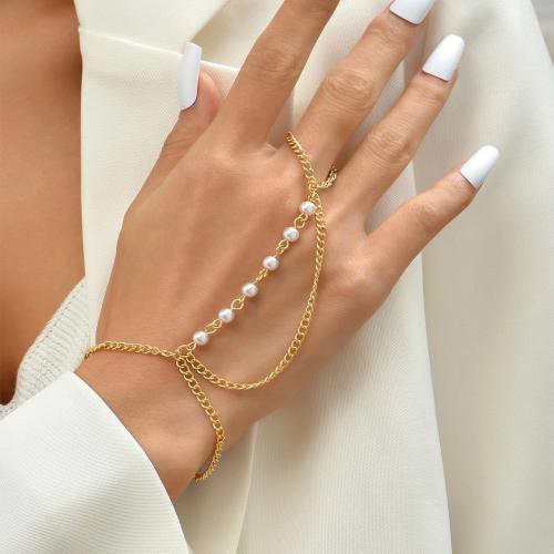 Gothic Bracelet Ring, Zinc Alloy, with Plastic Pearl, with 5cm extender chain, fashion jewelry & for woman, golden Approx 16 cm 