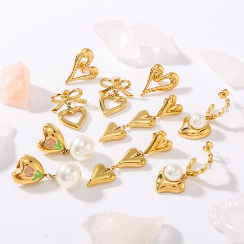 Stainless Steel Drop Earring, 304 Stainless Steel, with Plastic Pearl, gold color plated & for woman & enamel 