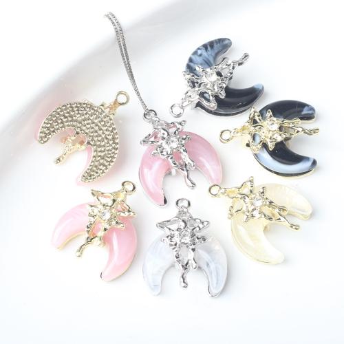 Resin Zinc Alloy Pendants, with Resin, Moon, plated, DIY & micro pave cubic zirconia 