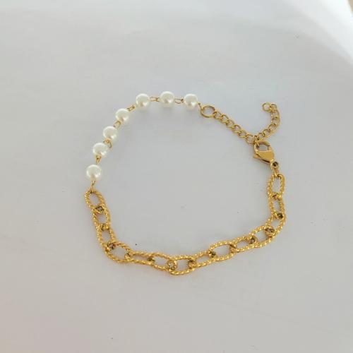 Stainless Steel Chain Bracelets, 304 Stainless Steel, with Plastic Pearl, gold color plated & for woman 