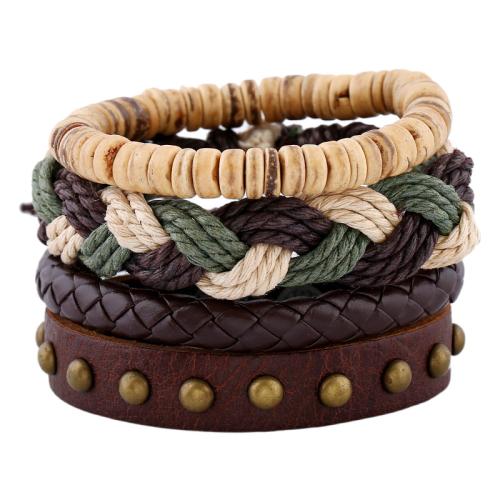 Wrap Bracelets, PU Leather, with Linen & Coco & Zinc Alloy, 4 pieces & fashion jewelry & Unisex, mixed colors, Diameter of about 6CM, woven bracelet flat 17-18CM 