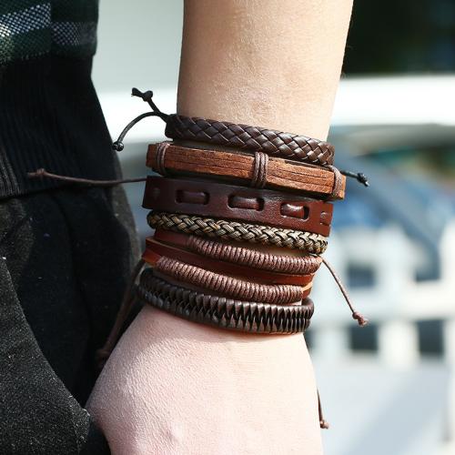 Wrap Bracelets, PU Leather, with Wax Cord, 6 pieces & fashion jewelry & Unisex, mixed colors, The diameter is about 6CM, the tiling length is 17-18CM, and the drawstring length is 8-9CM 